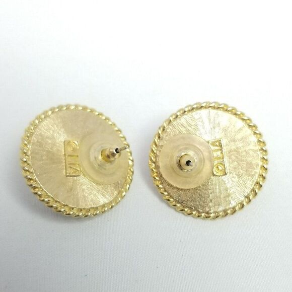 Vintage LIA Blue Enamel, White and Gold Tone Round Dome Stud Earrings, Signed - Picture 3 of 7